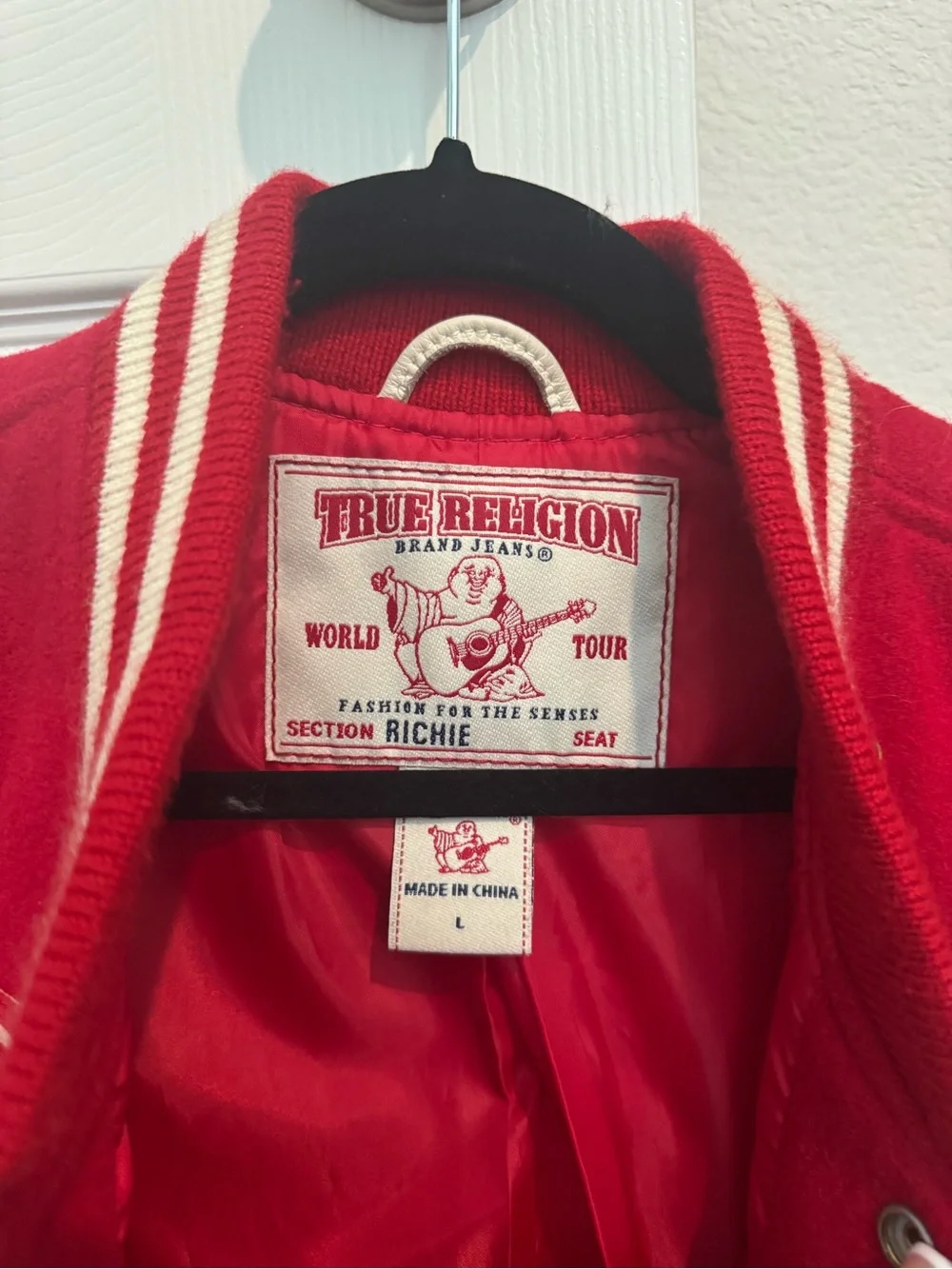 True Religion Women’s/ Men Red and White Varsity Jacket